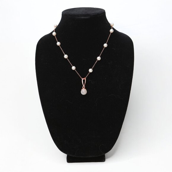 Rose Gold Tone Dainty Y-Lariat Necklace Faux Pearl Drop Modern Minimalist - Picture 3 of 8